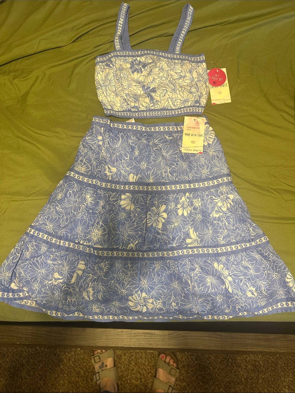 Blue Floral Cotton Blend Tiered Skirt - Women's